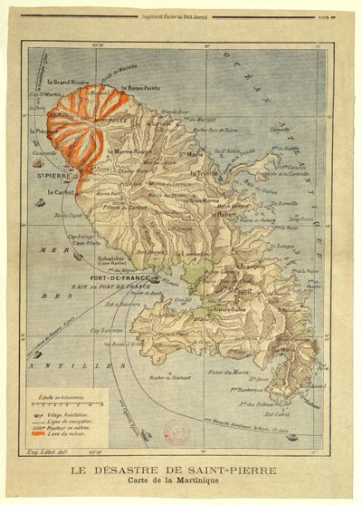 The Disaster of Saint-Pierre. Map of Martinique by Eugène Letot
